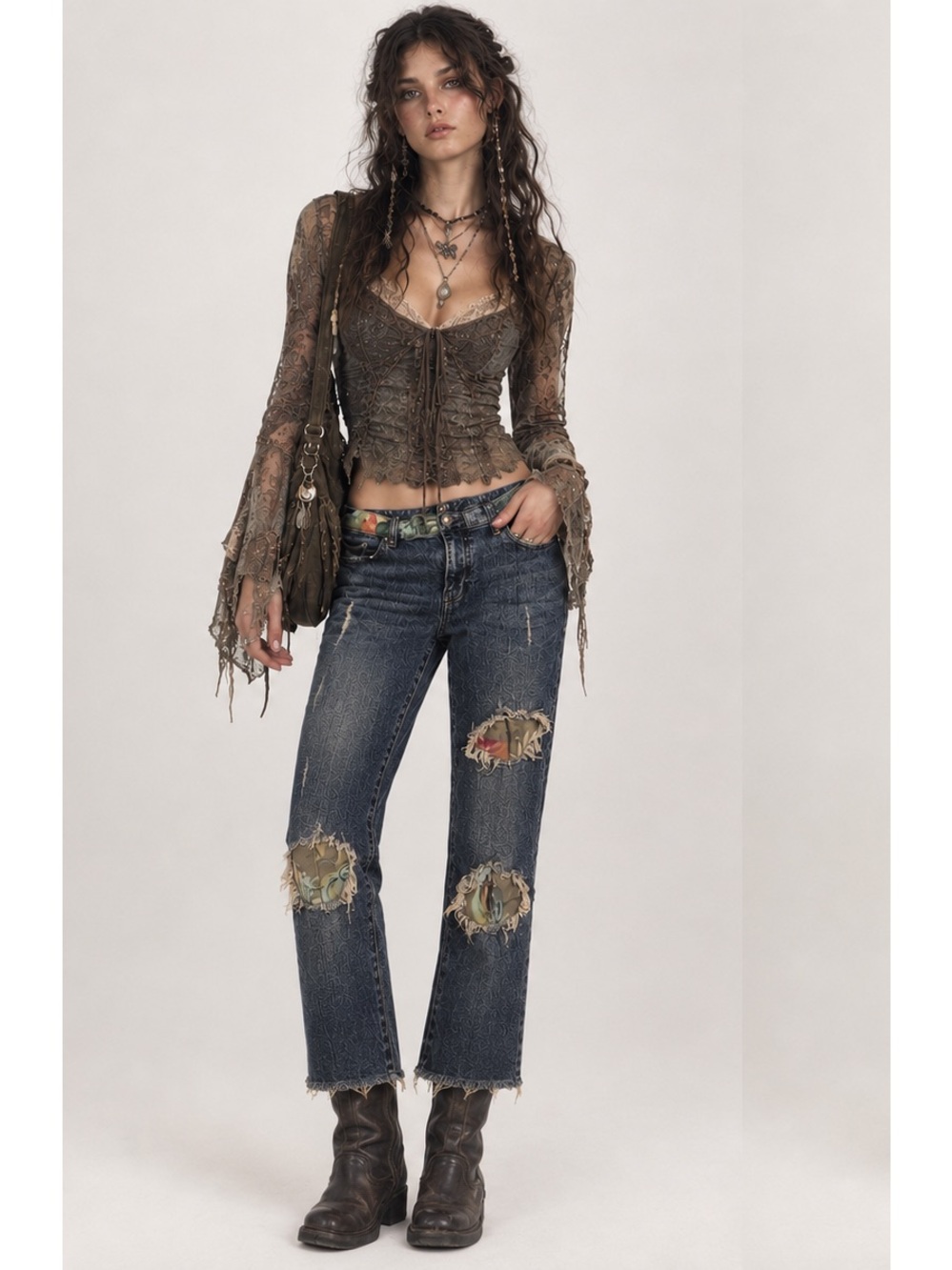 Gap Distressed Patchwork Fairy Grunge Boho Whimsy Straight Leg Jeans Size 27